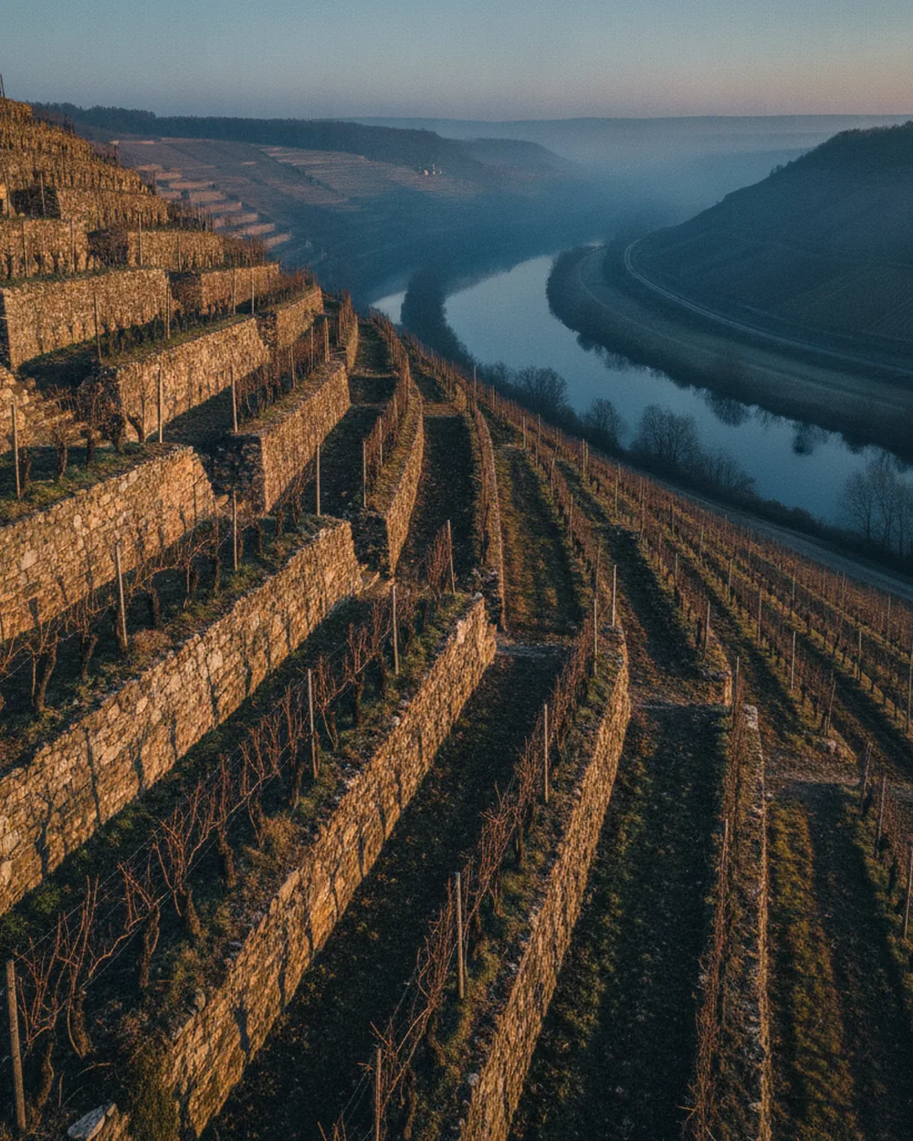 Terrassenförmige Saale-Unstrut-Weinberge an Flusshängen im goldenen Abendlicht — sinnbildlich für das nördlichste Qualitätsweinanbaugebiet Deutschlands