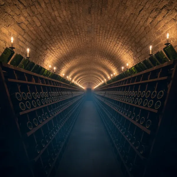 Historischer Sekt-Weinkeller mit Rüttelpulten und grünen Flaschen — sinnbildlich für die Saale-Unstrut-Weinregion